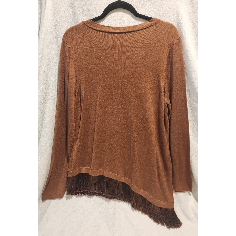 Chicos Copper Knit Asymmetrical Fringe Sweater Large 12/14 Boho Chic Western - Picture 2 of 7